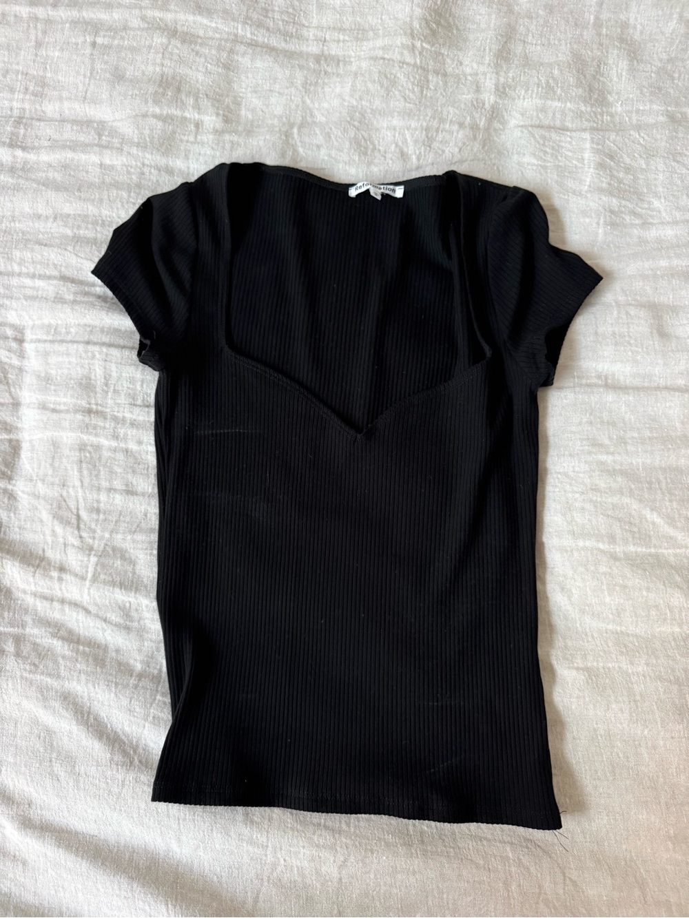 Reformation Black Ribbed Sweetheart Short Sleeve Top